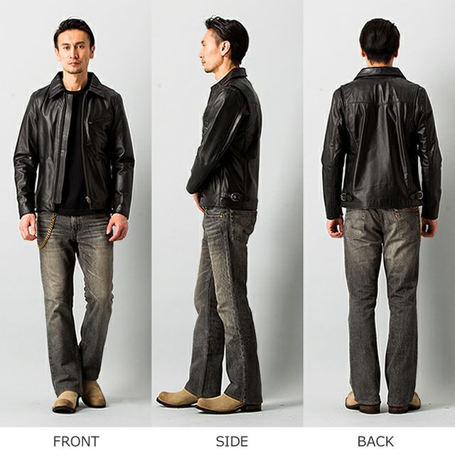aZitator 本革 襟付きシングルライダースジャケット メンズ