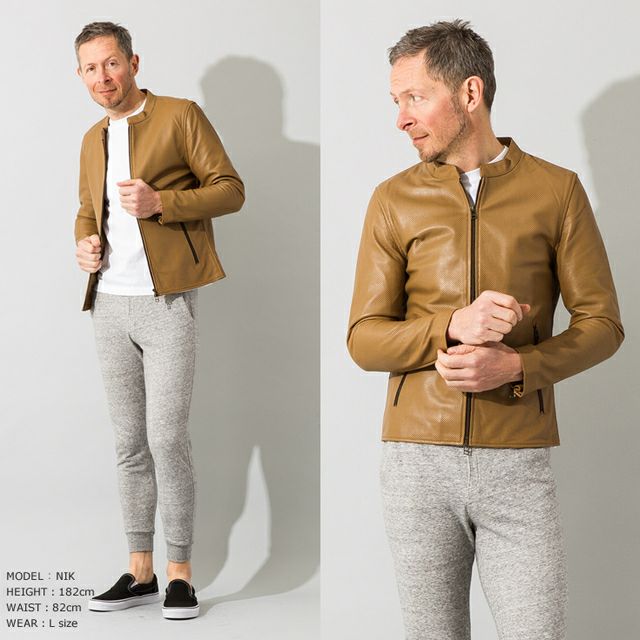 LIUGOO 本革 メッシュレザー シングルライダースジャケット
