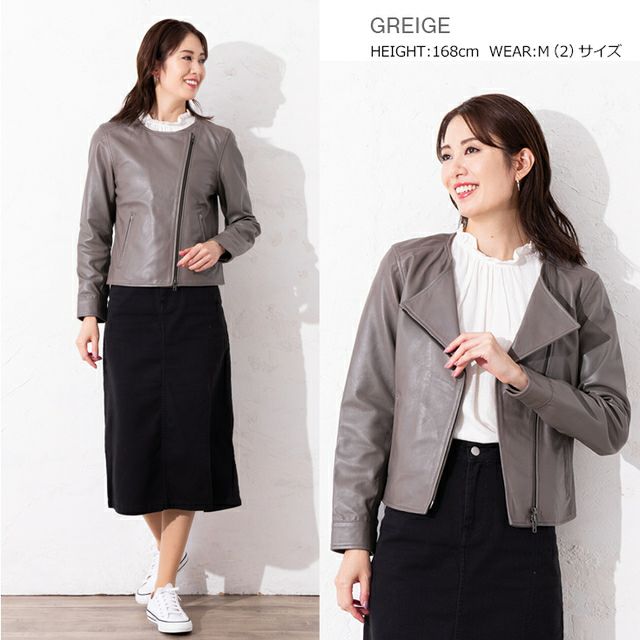 LIUGOO 本革 ノーカラーダブルライダースジャケット レディース