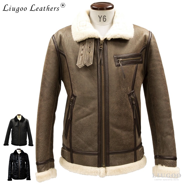 Liugoo Leathers 本革 B-3タイプライダース ムートンジャケット メンズ 