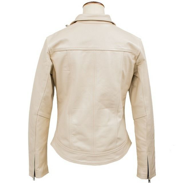 ベージュ ハイネック レザージャケット Horn Works 本革 ハイネックシングルライダースジャケット レディース