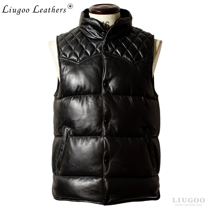 Liugoo Leathers 本革 レザーダウンベスト ダイヤキルト メンズ 
