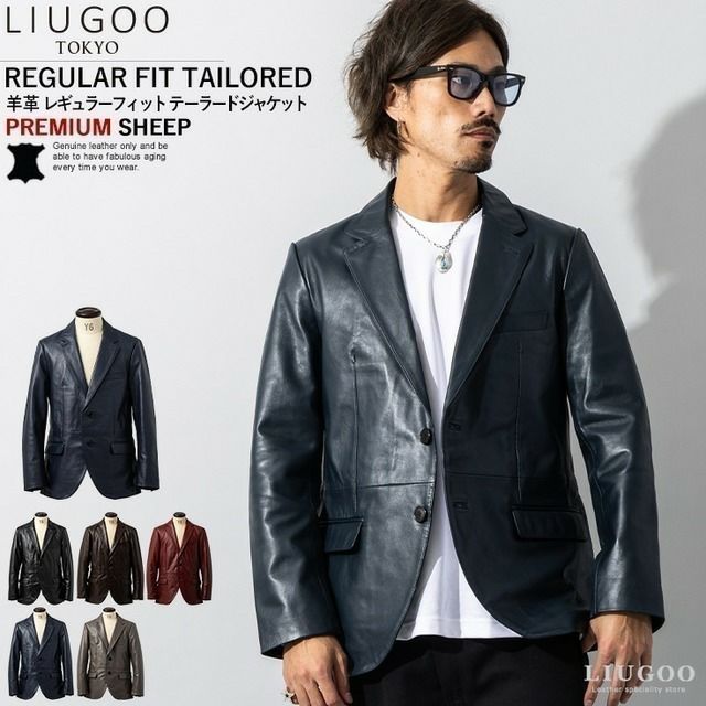 LIUGOO 本革 レギュラーフィットレザーテーラードジャケット メンズ