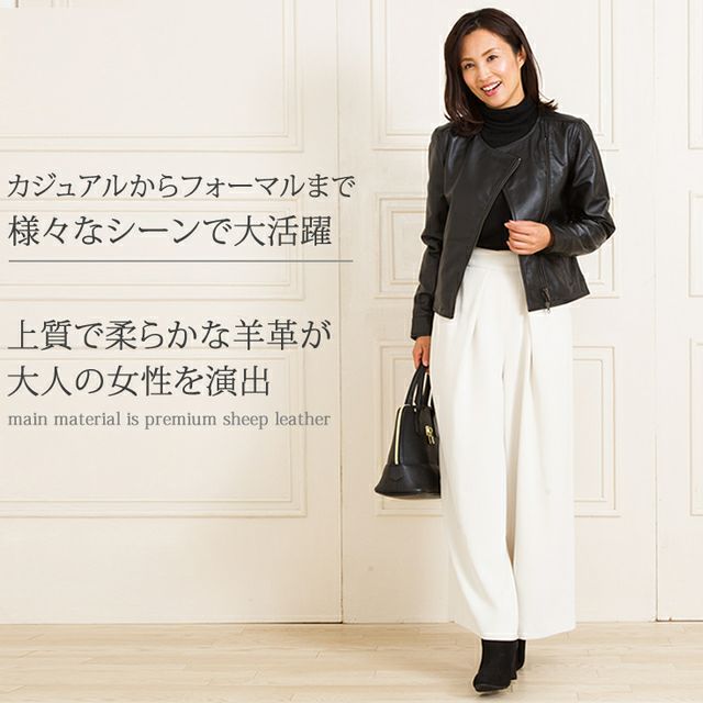LIUGOO 本革 ノーカラーダブルライダースジャケット レディース