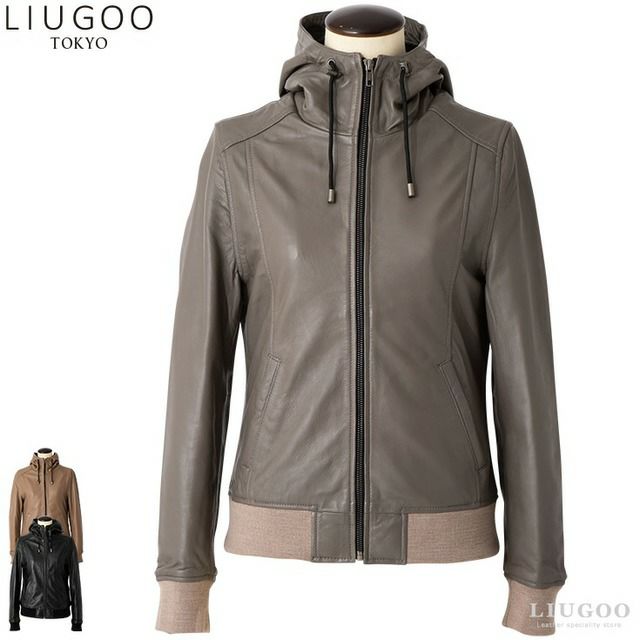 LIUGOO 本革 レザーハイネックパーカー レディース リューグー PRK01LB