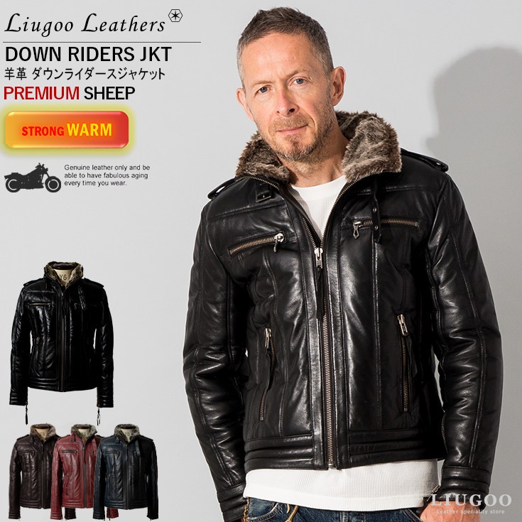 Liugoo Leathers 本革 ウィングネック ダウンライダース メンズ 
