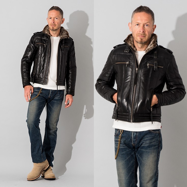Liugoo Leathers 本革 ウィングネック ダウンライダース メンズ 