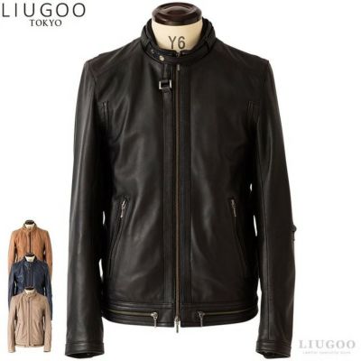 LIUGOO PLUS 本革 シングルライダースジャケット メンズ
