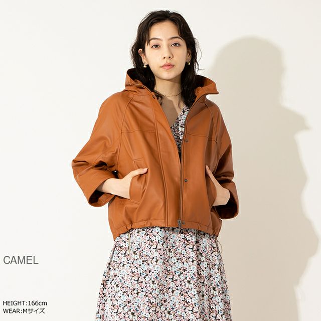 美品　ジャンルイシェレル　羊革　ラム　本革　レザージャケット　革ジャン　パーカー JEAN-LOUIS SCHERRER 本革 ラム羊革バルーンパーカー レディース